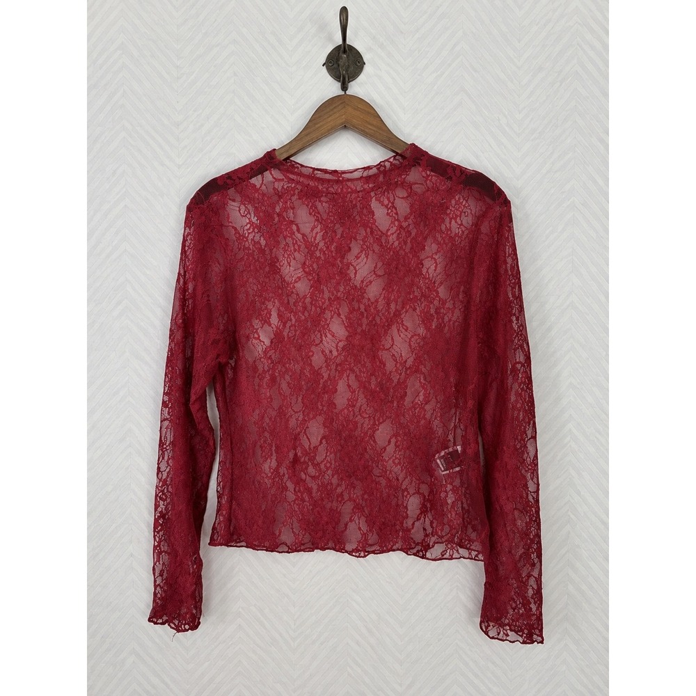 SHEIN‎ Petite L Red Floral Lace Sheer Long Sleeve Mesh Top Burgundy NWOT